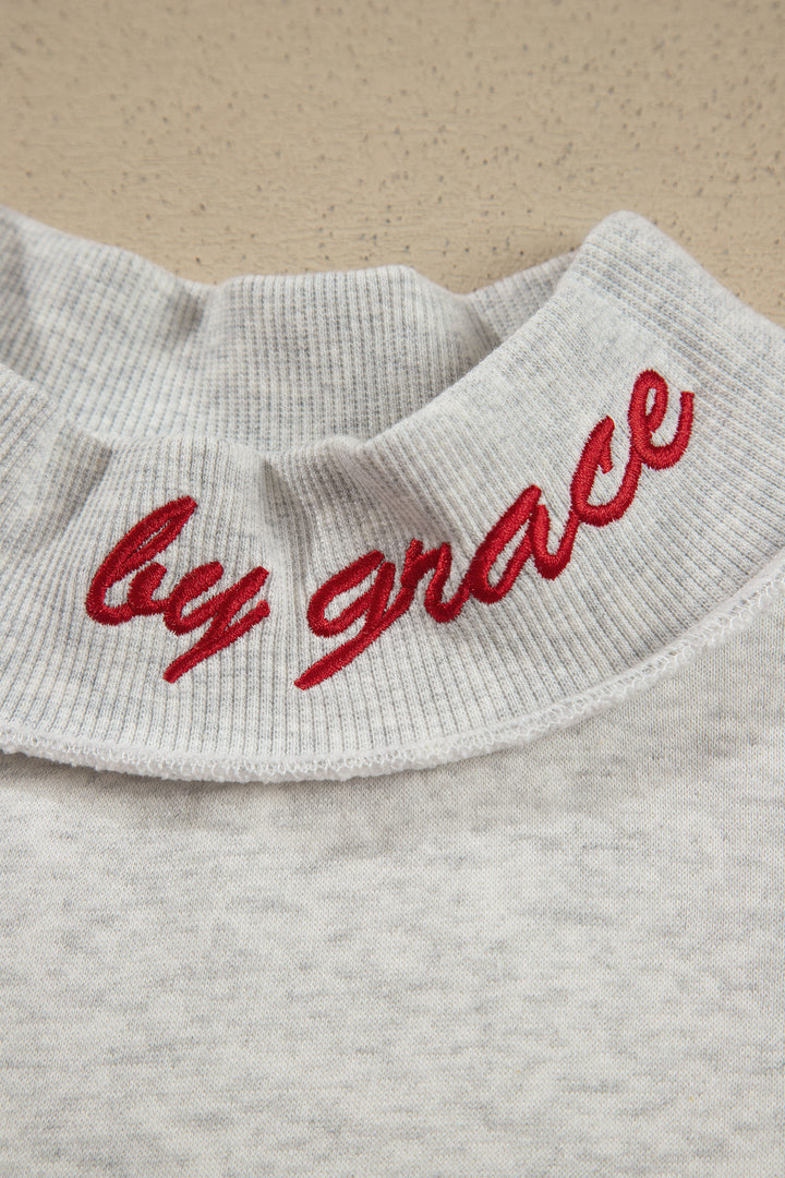Gray Saved By Grace Embroidered Detail Letter Graphic High Neck Sweatshirt
