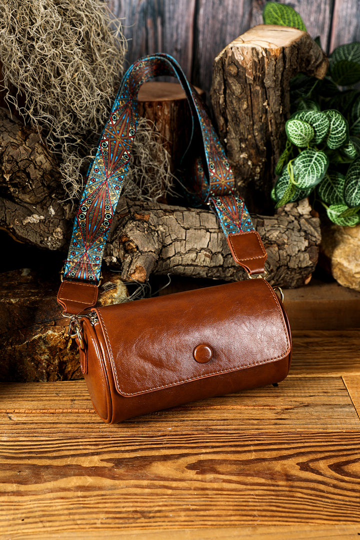 PU Leather Flap Shoulder Bag with Retro Print Wide Strap