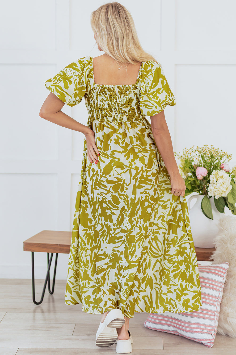 Scalloped Trim Square Neck High Waist Floral Maxi Dress