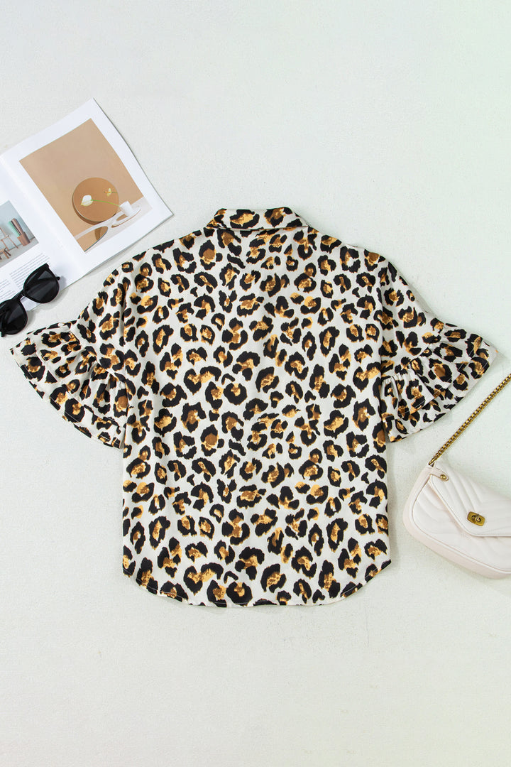 Leopard Print Ruffle Trim 3/4 Sleeve Loose Shirt