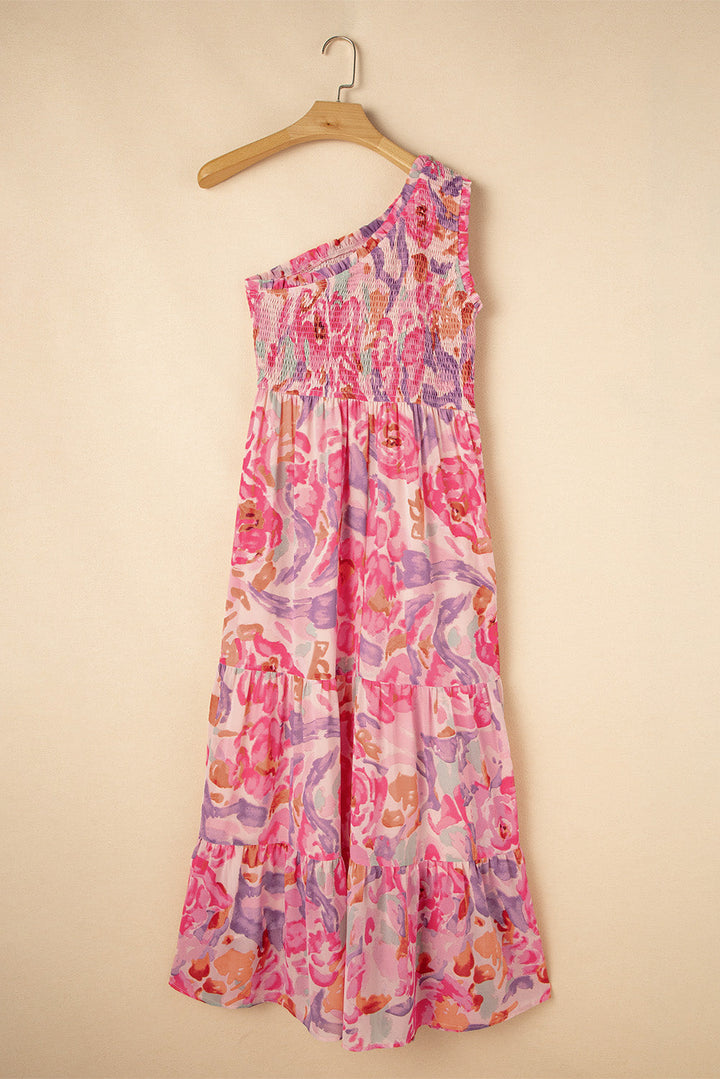 Pink Abstract Floral Print Shirred One Shoulder Maxi Dress