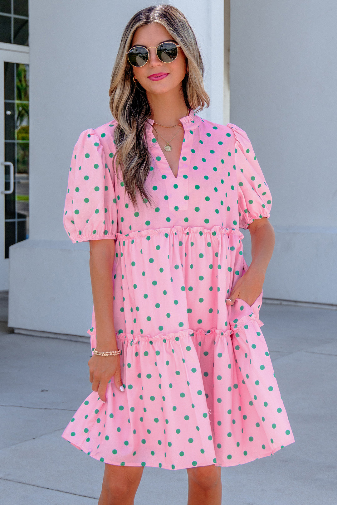 Pink Polka Dot Print V Neck Short Sleeve Tiered Mini Dress – ModeShe