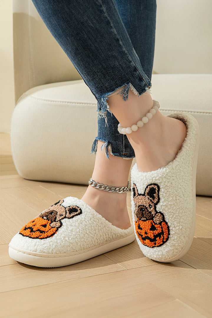 Flauschige Hausschuhe mit Halloween-Hunde-Kürbis-Muster