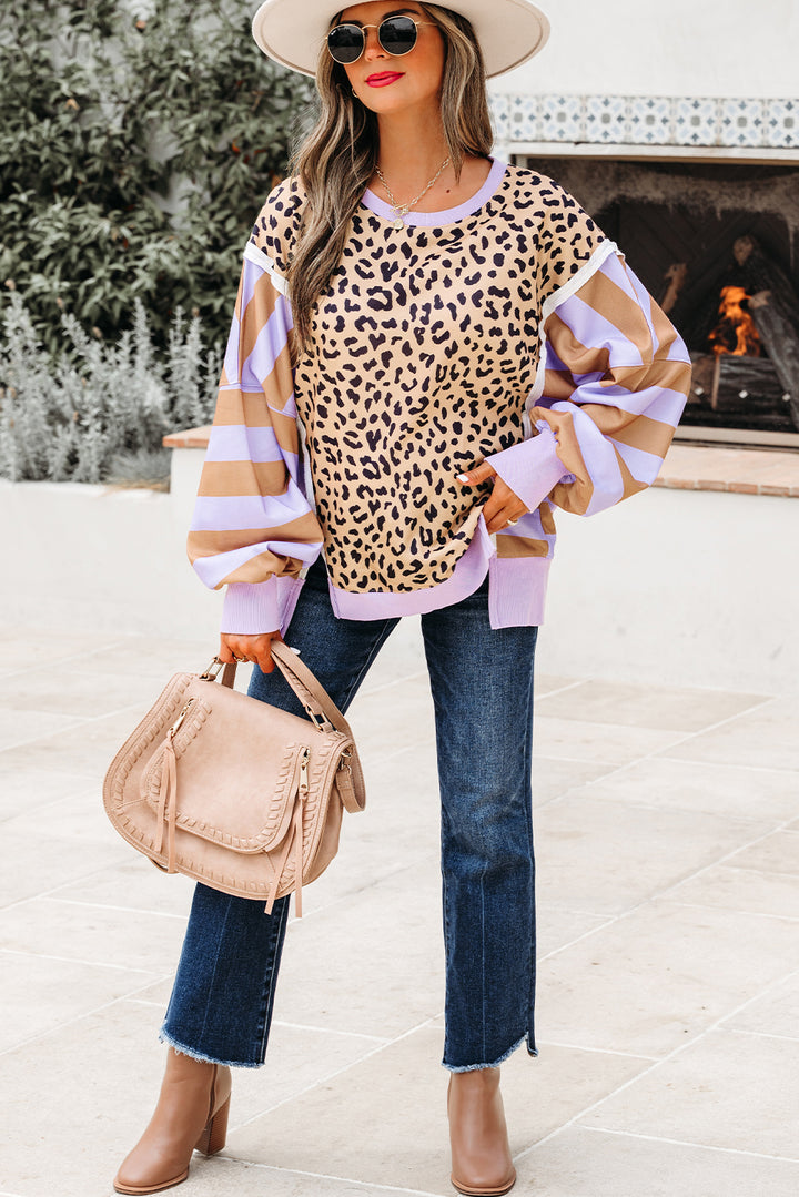 Color Block Patchwork Leopard Casual Sweatshirt with Slits