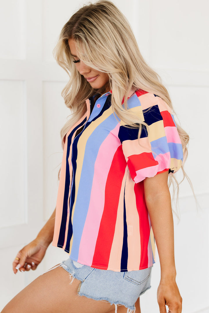 Color Block Striped Puff Sleeve Buttoned Shirt