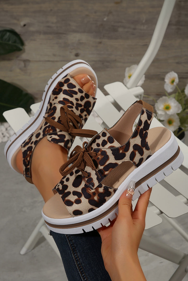 Leopard Print Hollow Out Lace-up Wedge Sandals