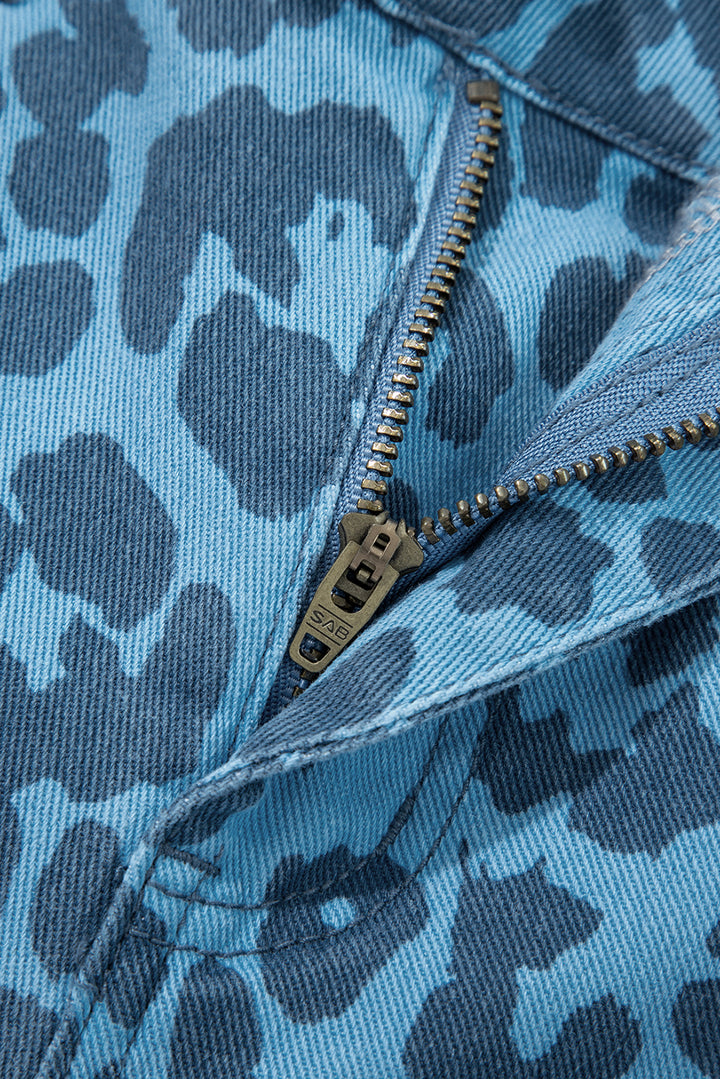 Sky Blue Leopard Print Barrel Leg Jeans