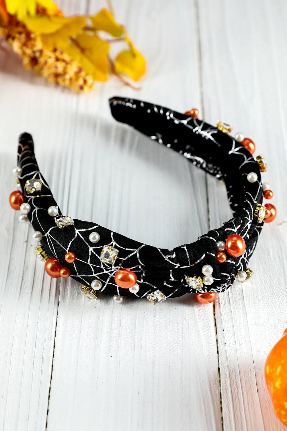 Pearled Rhinestone Knotted Spiderweb Halloween Headband
