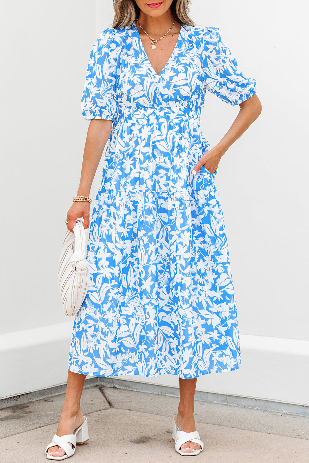 floral v neck puff short sleeve flowy long dress