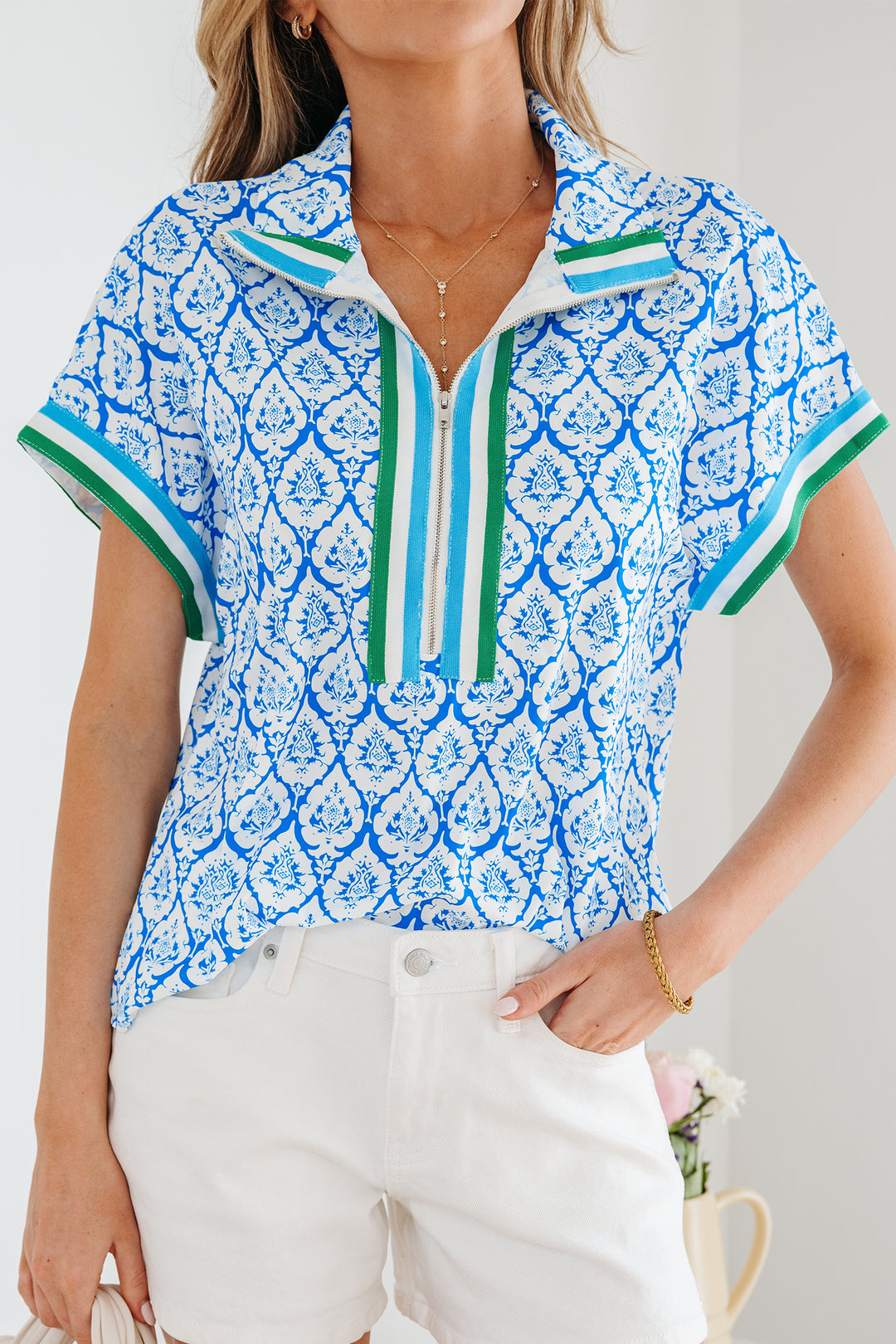 Sky Blue Western Print Zipped Collar Short Sleeve Summer Blouse Top