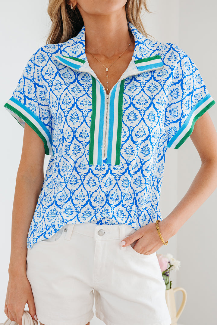 Sky Blue Western Print Zipped Collar Short Sleeve Summer Blouse Top