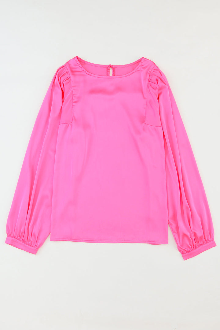 Satin Puff Long Sleeve Crewneck Blouse