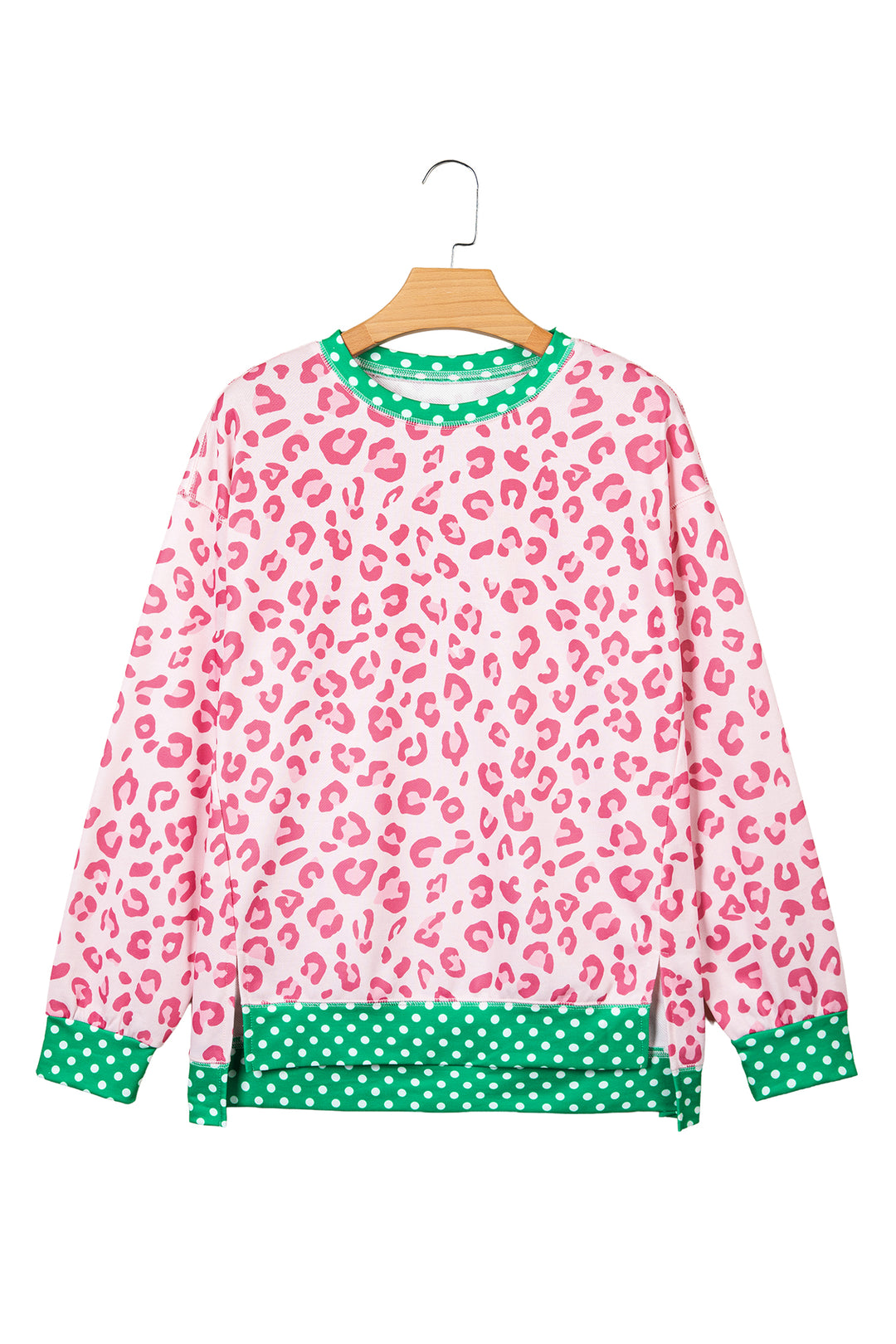 Pink Leopard Polka Dot Colorblock Trim Long Sleeve Top