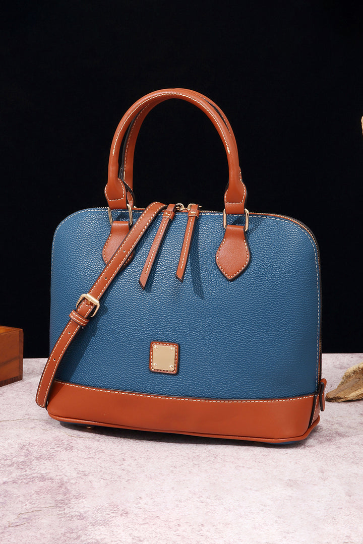 Color Contrast PU Leather Zipper Tote Bag