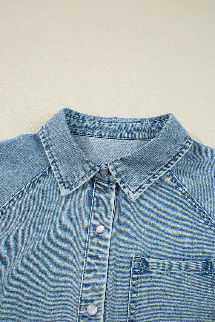 Smocked Cuffs Flared Denim Shirt Mini Dress