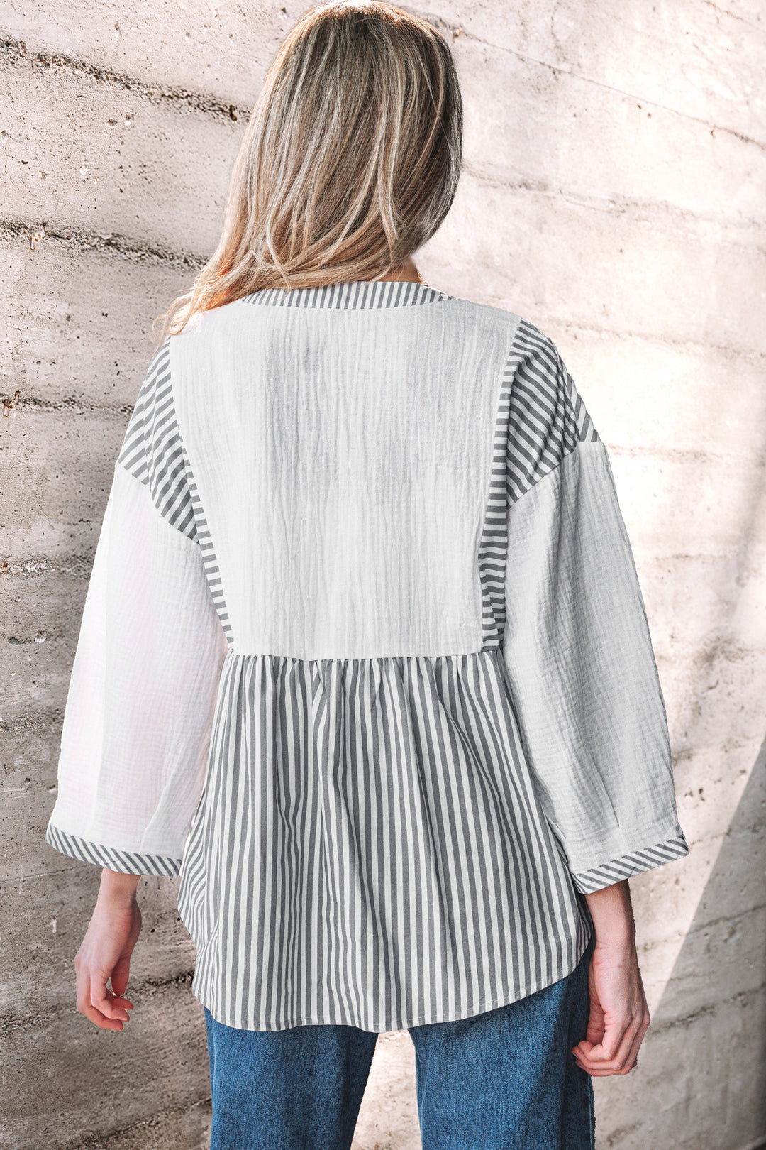 Half Button Gauze Patchwork Bracelet Sleeve Babydoll Blouse