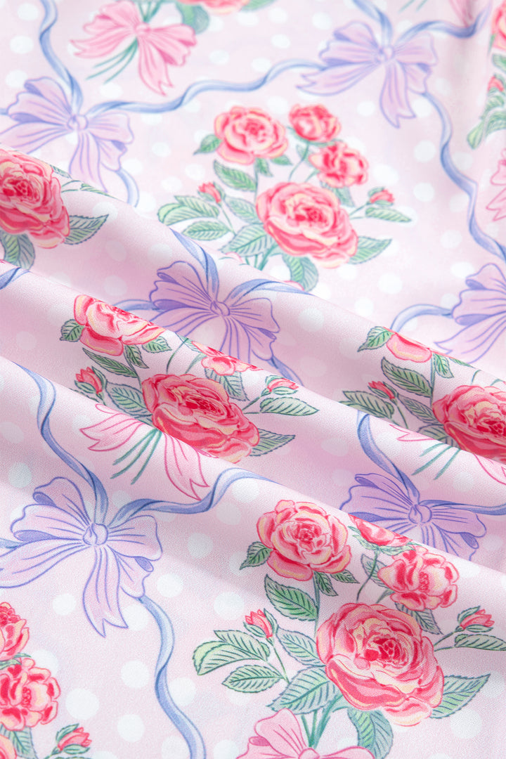 Purple Floral Collared Ruffled Half Sleeve Shirt