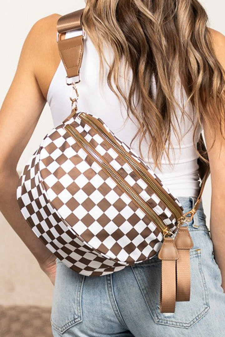 Checkered Print Wide Strap Large Crossbody Bag