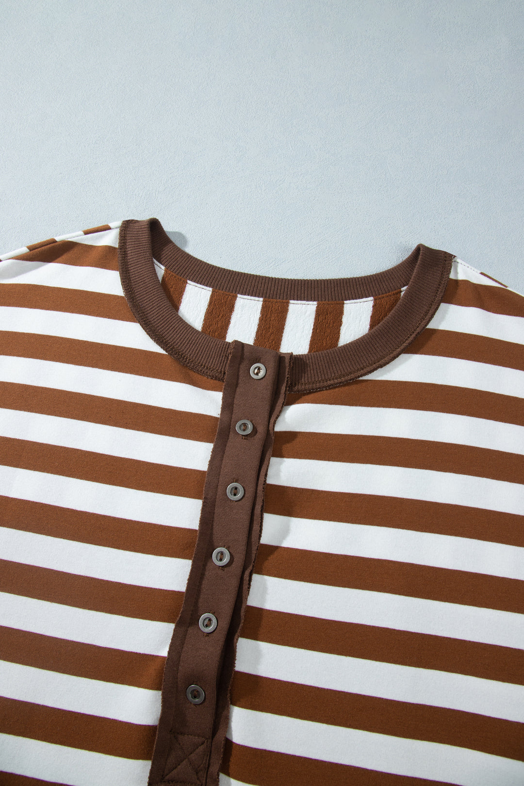 Khaki Stripe Striped V-Neck Button Tunic Ribbed Cuffs Long Sleeve Plus Size Sweatshirt