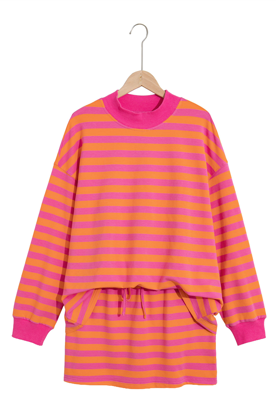 Orange Stripe Color Block Patchwork Mock Neck Pullover Drawstring Mini Skort Set