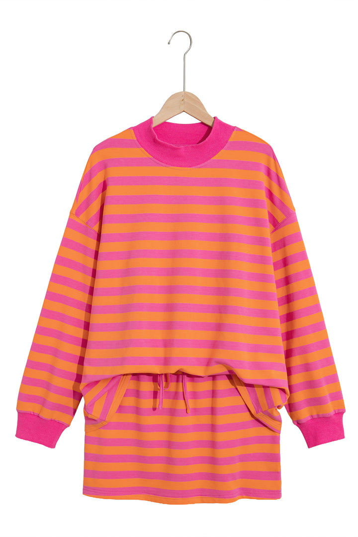 Orange Stripe Color Block Patchwork Mock Neck Pullover Drawstring Mini Skort Set