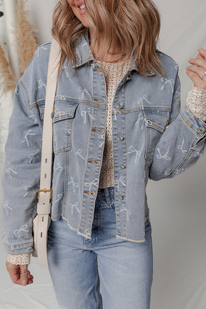 Bow Knot Print Light Wash Raw Hem Denim Jacket