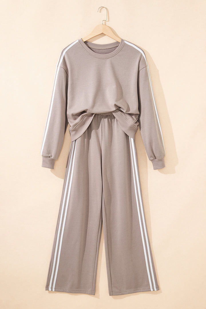 Gray Morn Varsity Striped Detail Crewneck Pullover Elastic Sweatpants 2pcs Outfit