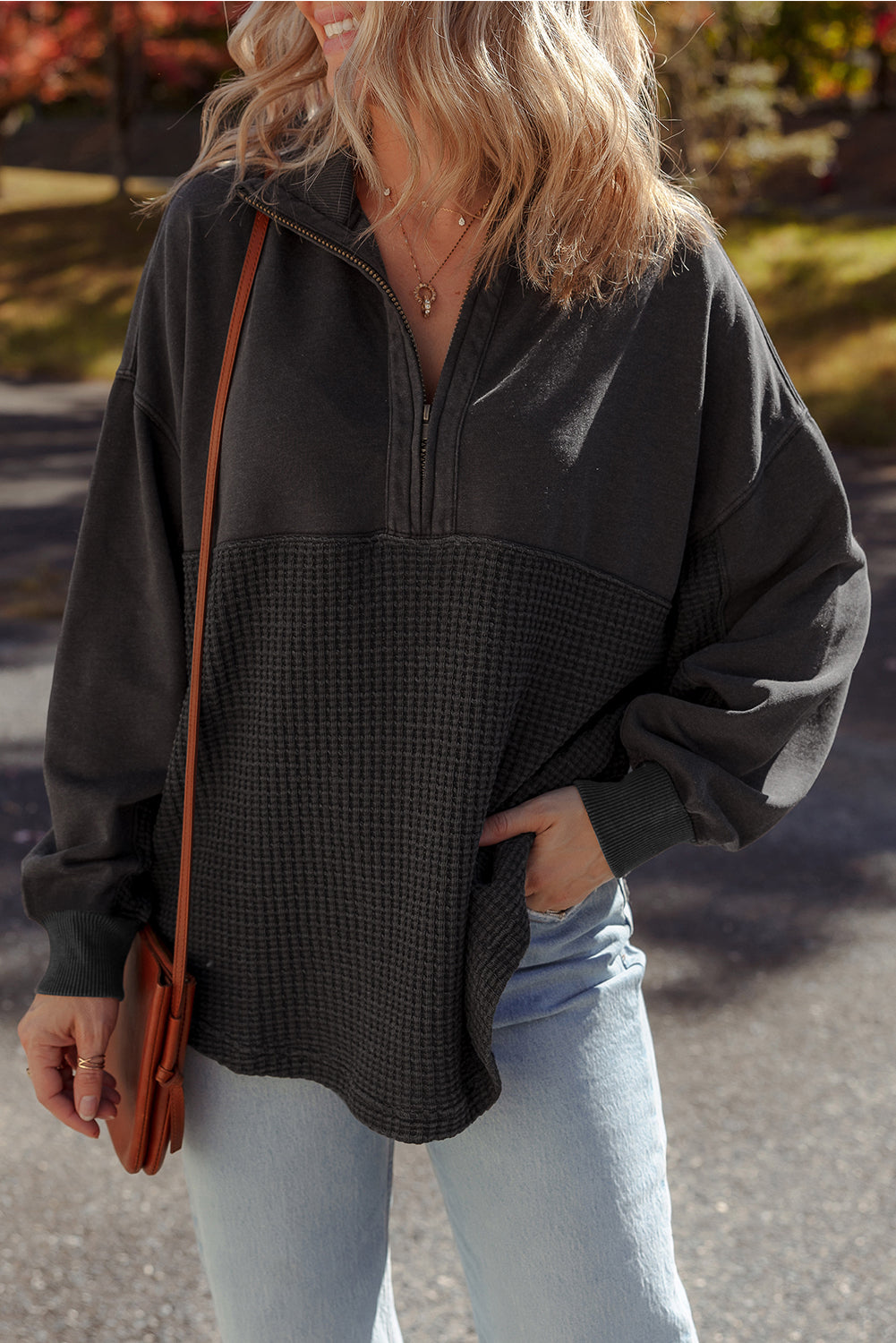 Waffle Knit Patchwork Half Zipped Casual Sweatshirt