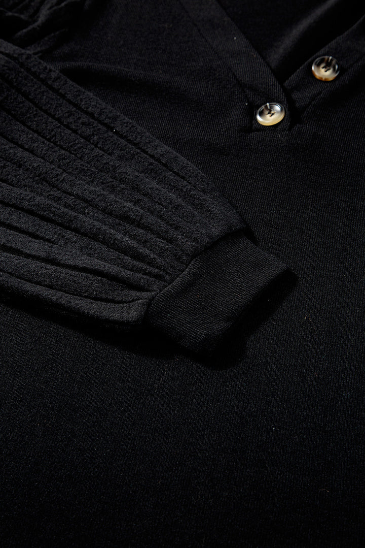 Black Buttoned V Neck Ribbed Puff Sleeve Top