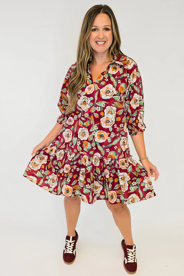 Red Floral Print Half Sleeve Short Shift Dress