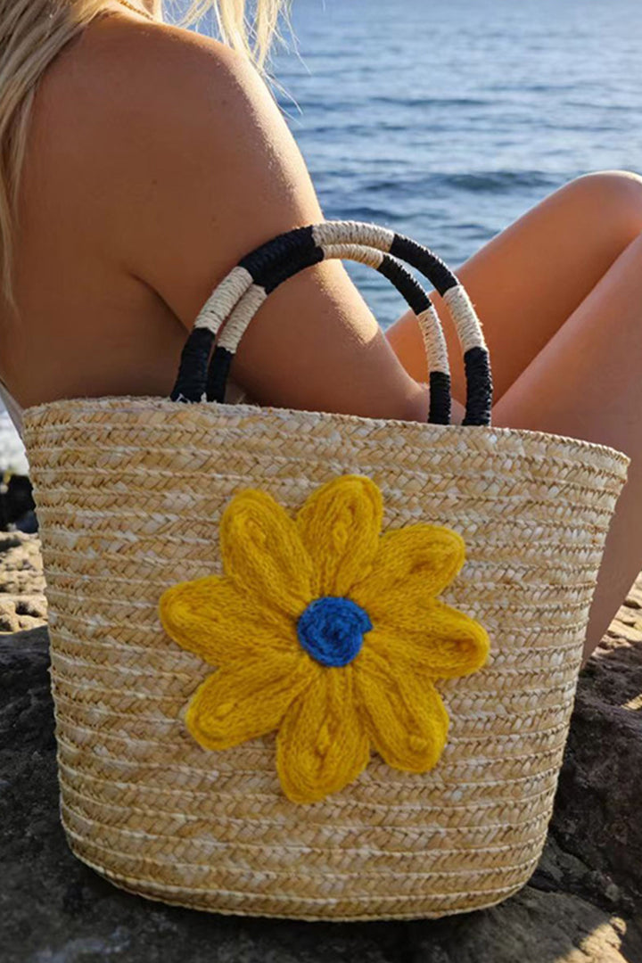 Yellow Crochet Flower Detail Boho Beach Straw Woven Handbag