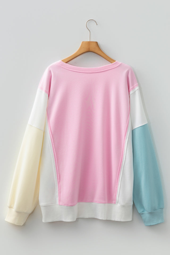 Pink Colorblock Patchwork Drop Shoulder Plus Size Sweatshirt