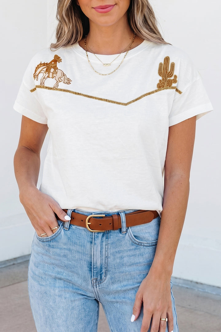 White Western Fashion Embroidered Casual Tee