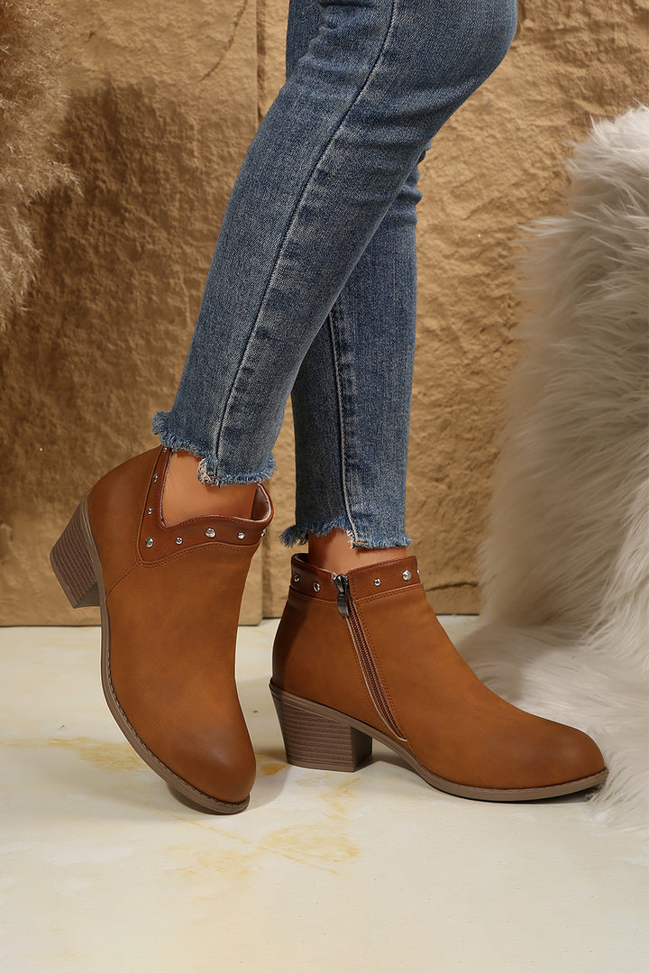 Studded Faux Leather Chunky Heel Ankle Boots