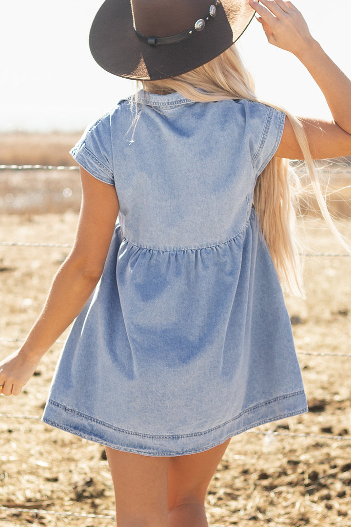 Lapel Neck Cap Sleeve High Waist Denim Babydoll Dress
