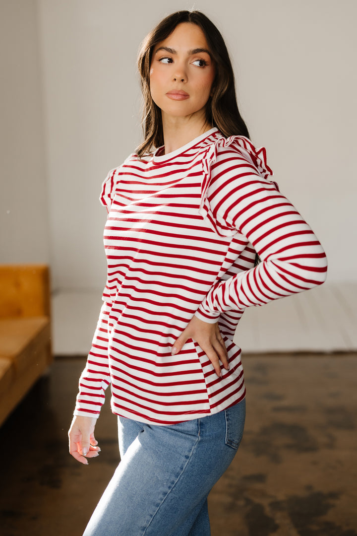 Round Neck Ruffle Trim Long Sleeve Top