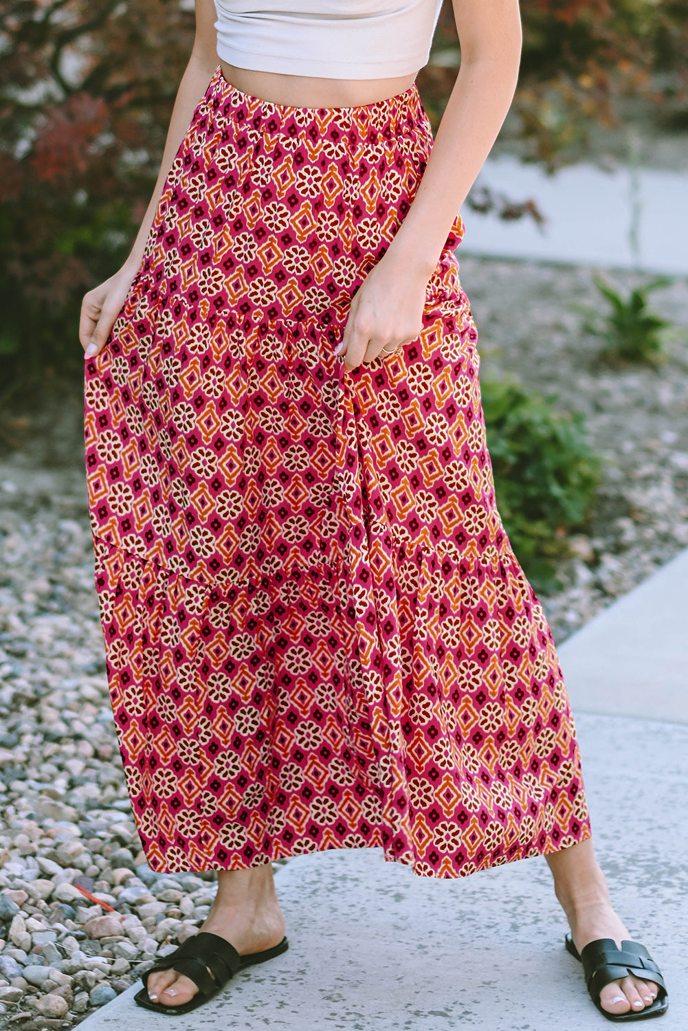 Vintage Boho Floral Print Tiered Maxi Skirt
