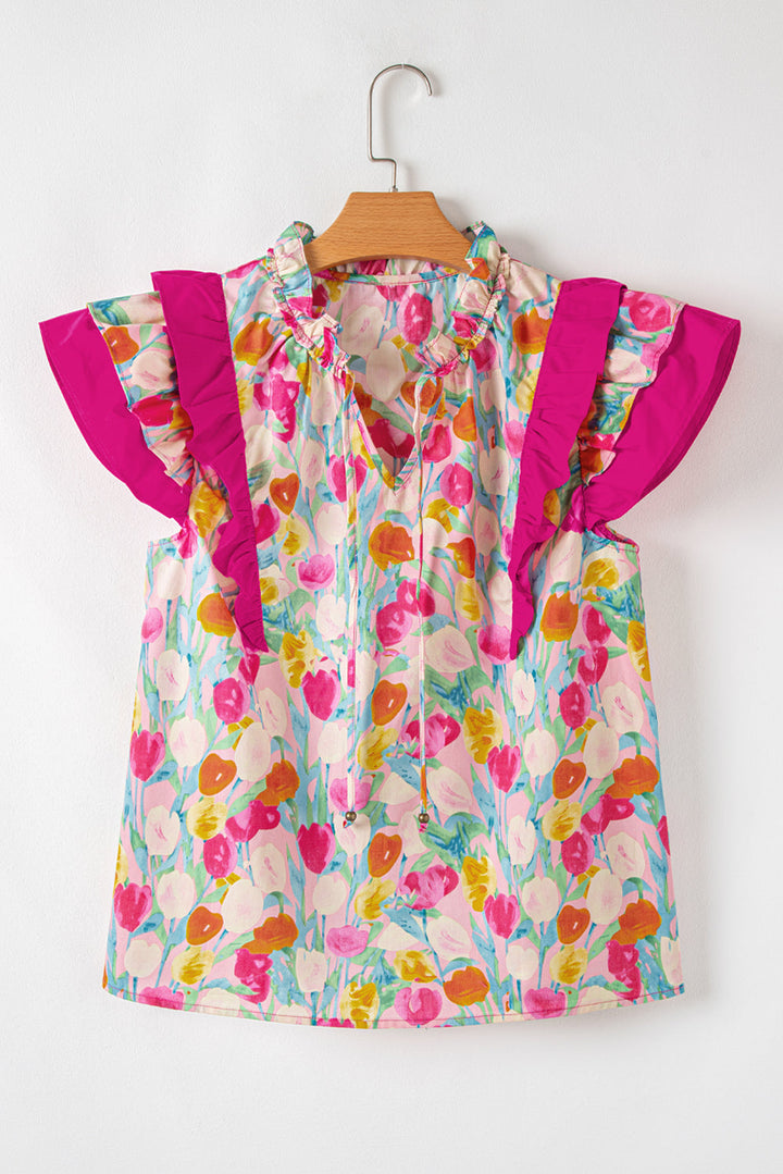 Floral Layered Ruffle Flutter Sleeve Tie V Neck Blouse