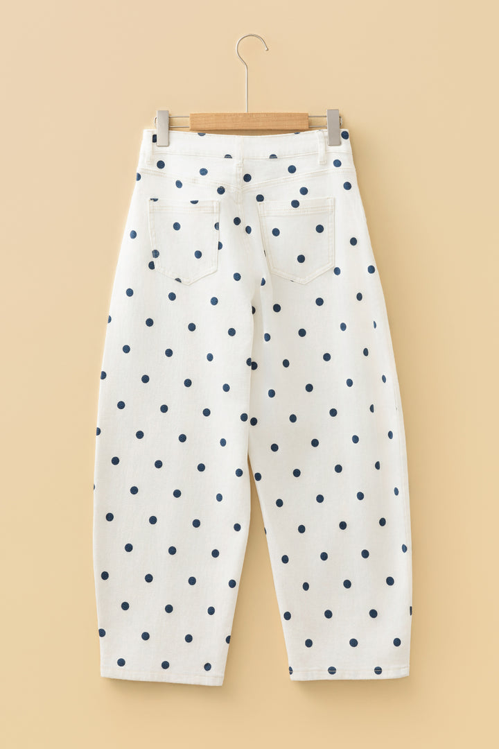 Blue Tailored Seam Polka Dot Print Barrel Casual Jeans