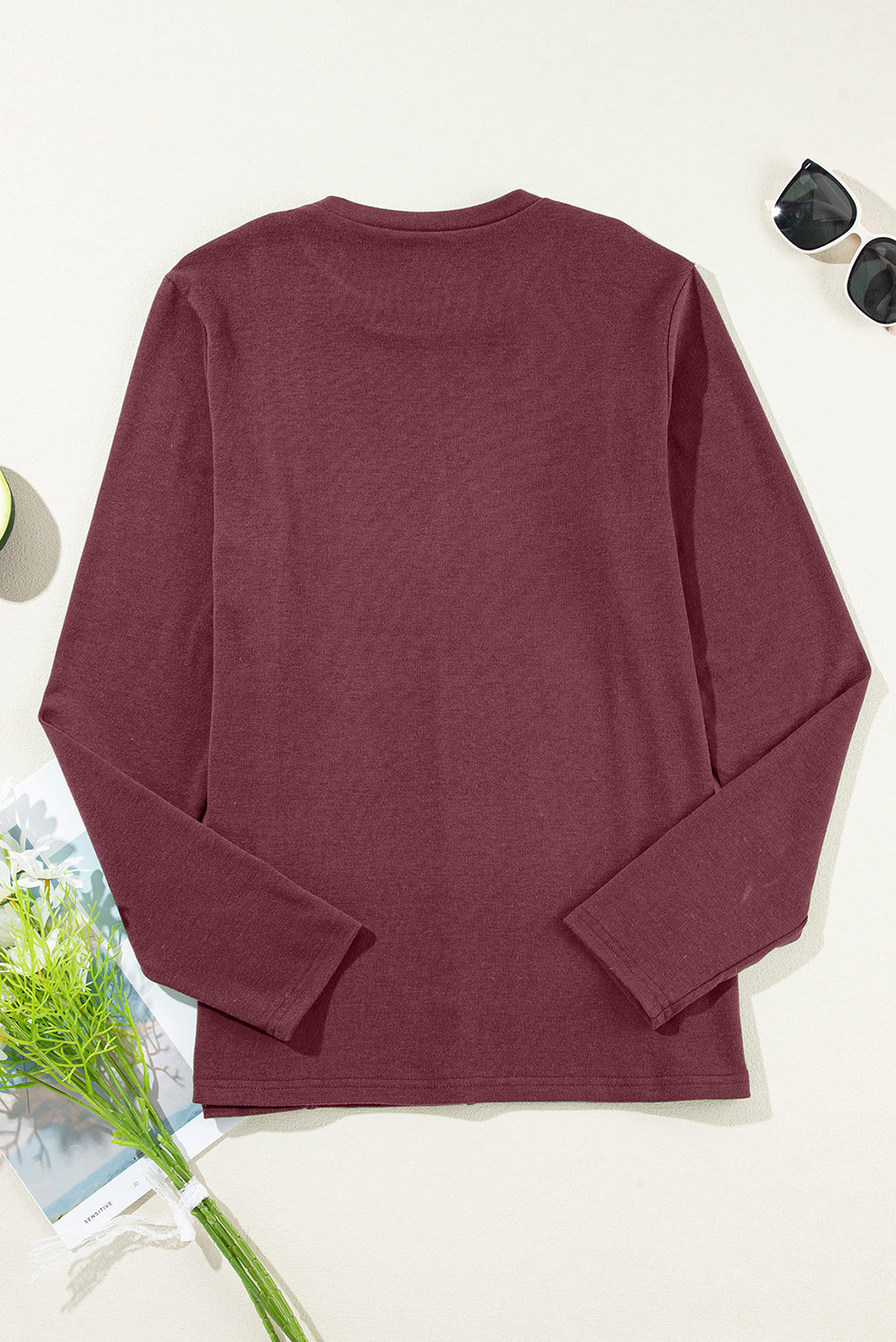 Red Exposed Seam Crew Neck Long Sleeve Top