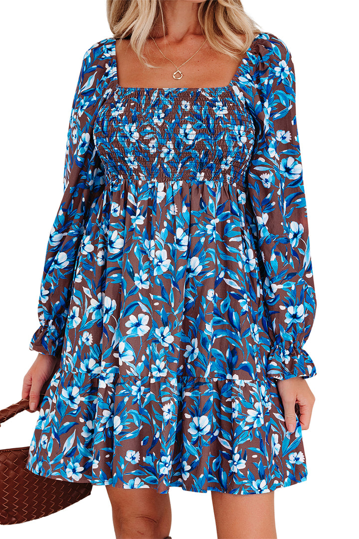 Smocked Bodice High Waist Ruffled Sleeve Floral Dress