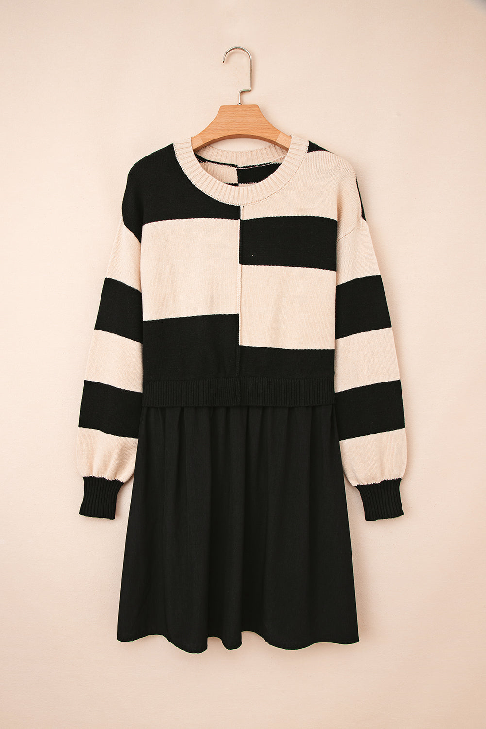 Black Stripe Two in One Knitted Top Splicing Hem Sweater Dress