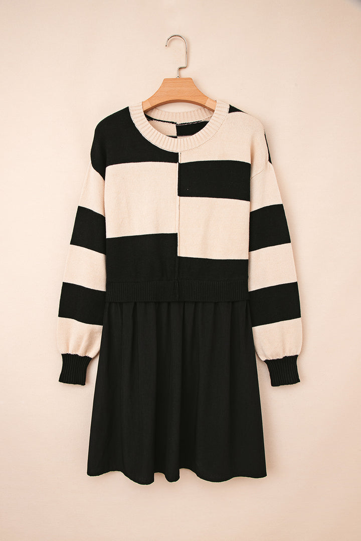 Black Stripe Two in One Knitted Top Splicing Hem Sweater Dress