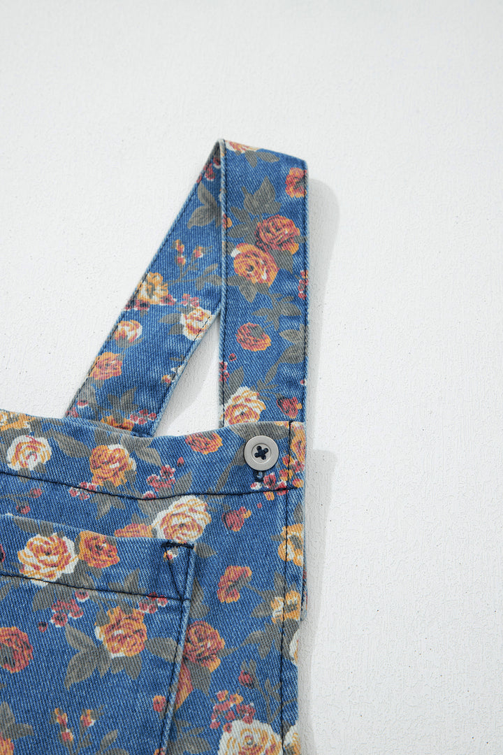 Blue Vintage Rose Printed Pleated Loose Denim Overall Jumpsuit