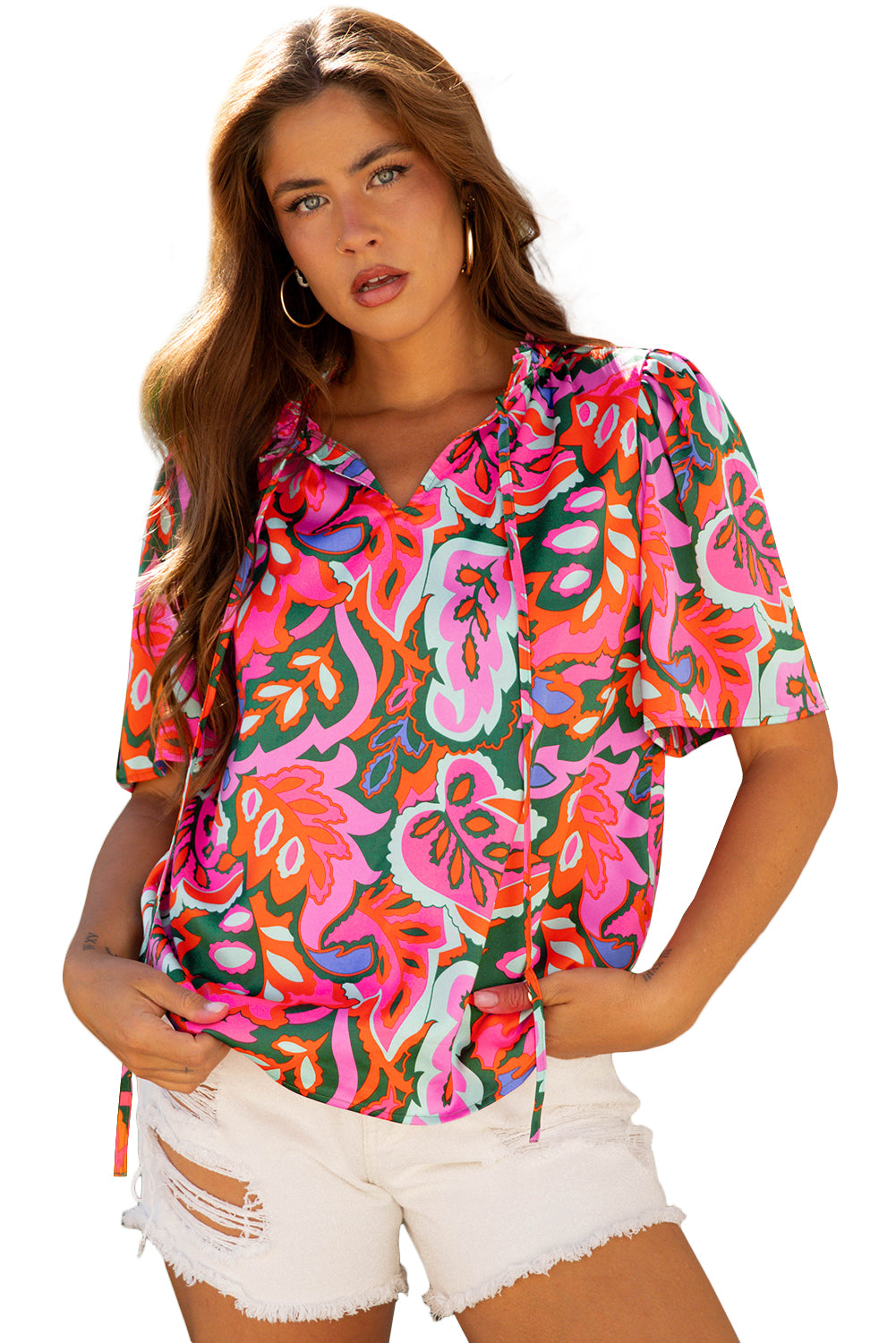 Summer Plant Print Lace up V Neck Short Sleeve Blouse