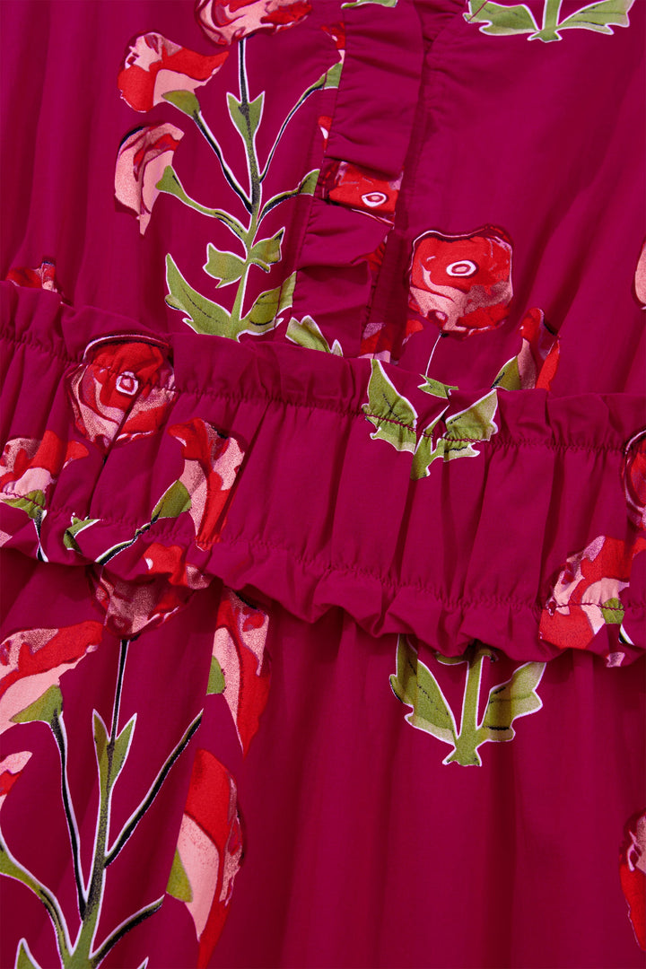 Red Floral Print Frilled V Neck Short Sleeve Ruffle Maxi Dress