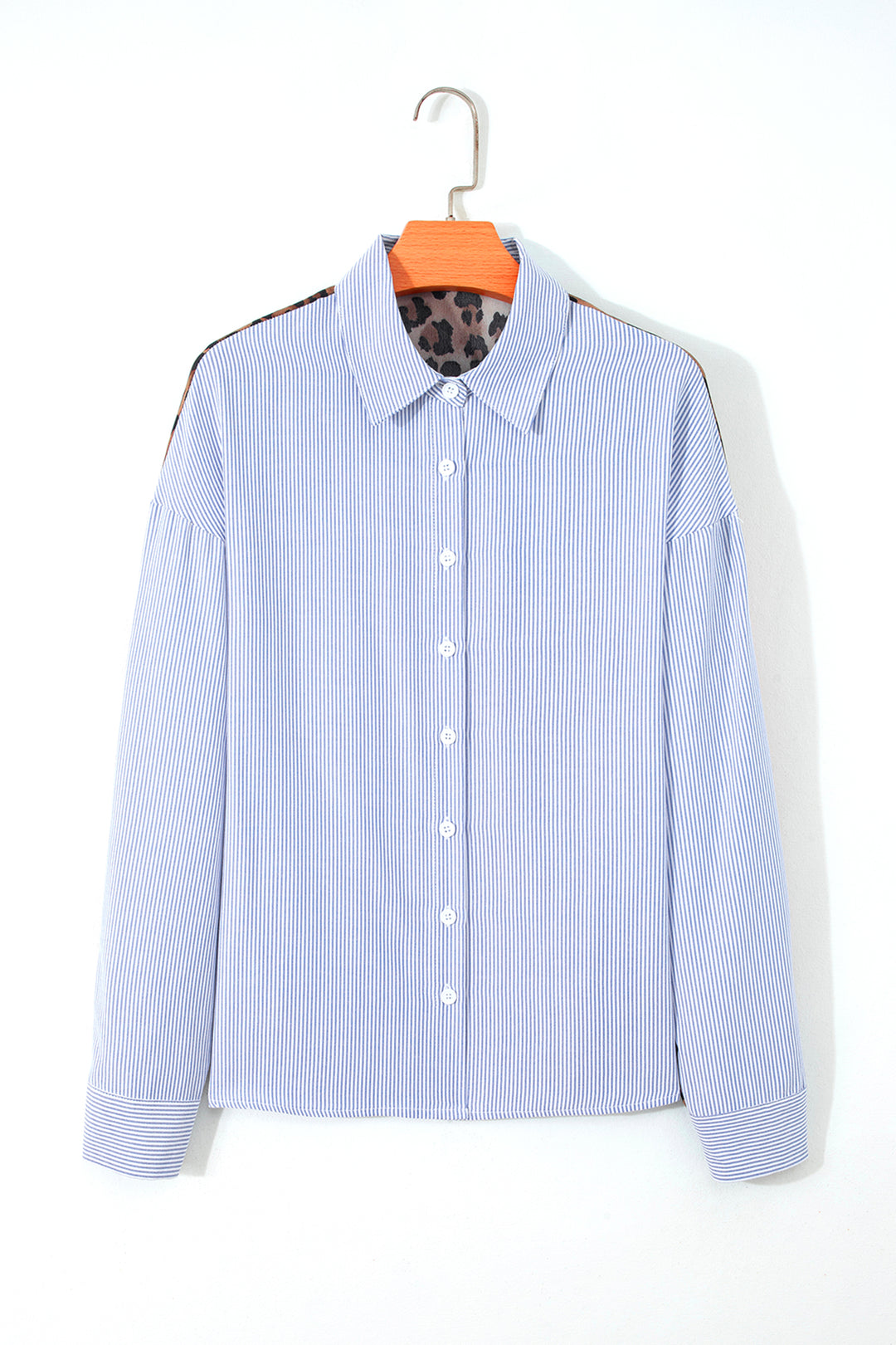 Sky Blue Stripe Contrasted Varsity Stripe Leopard Patchwork Button Down Shirt