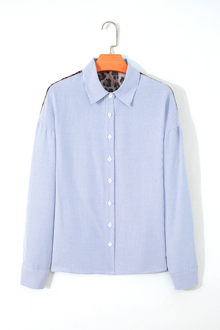 Sky Blue Stripe Contrasted Varsity Stripe Leopard Patchwork Button Down Shirt