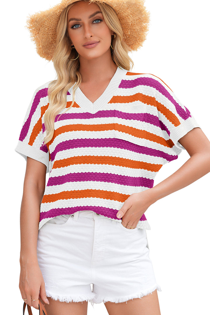 V Neck Short Sleeve Sweater with Side Slits