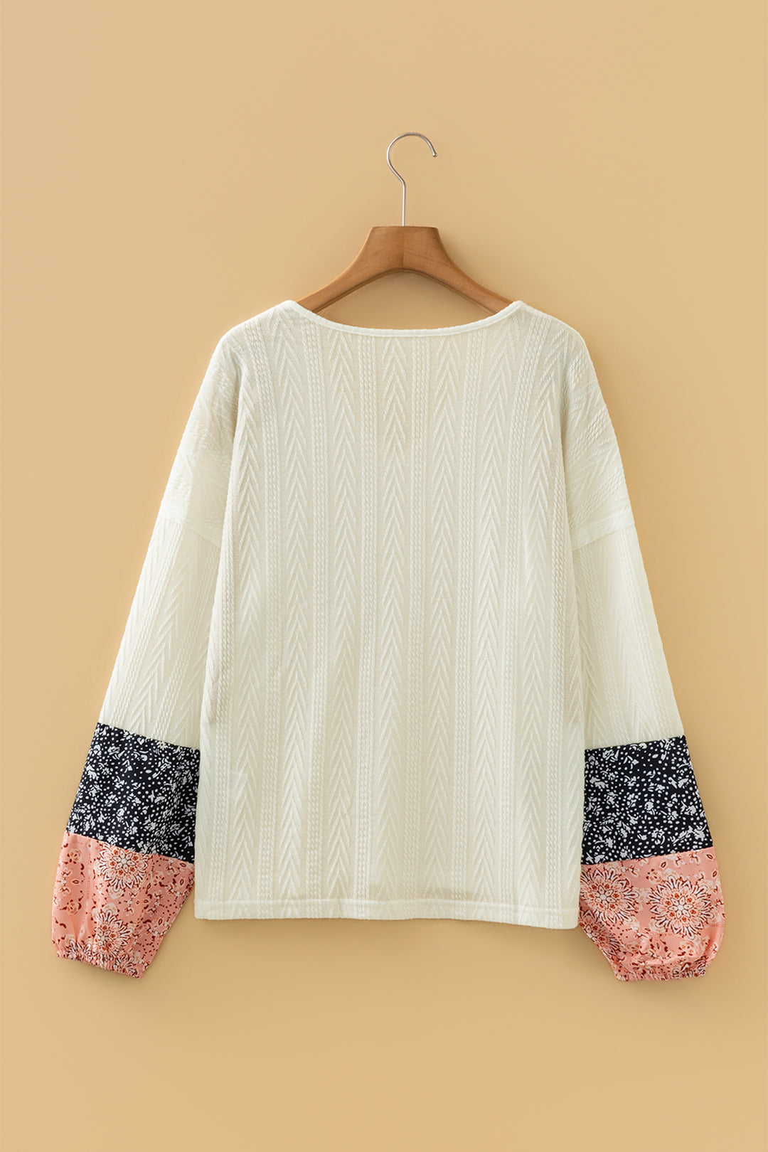 Floral Patchwork Textured Knit Drawstring V Neck Blouse